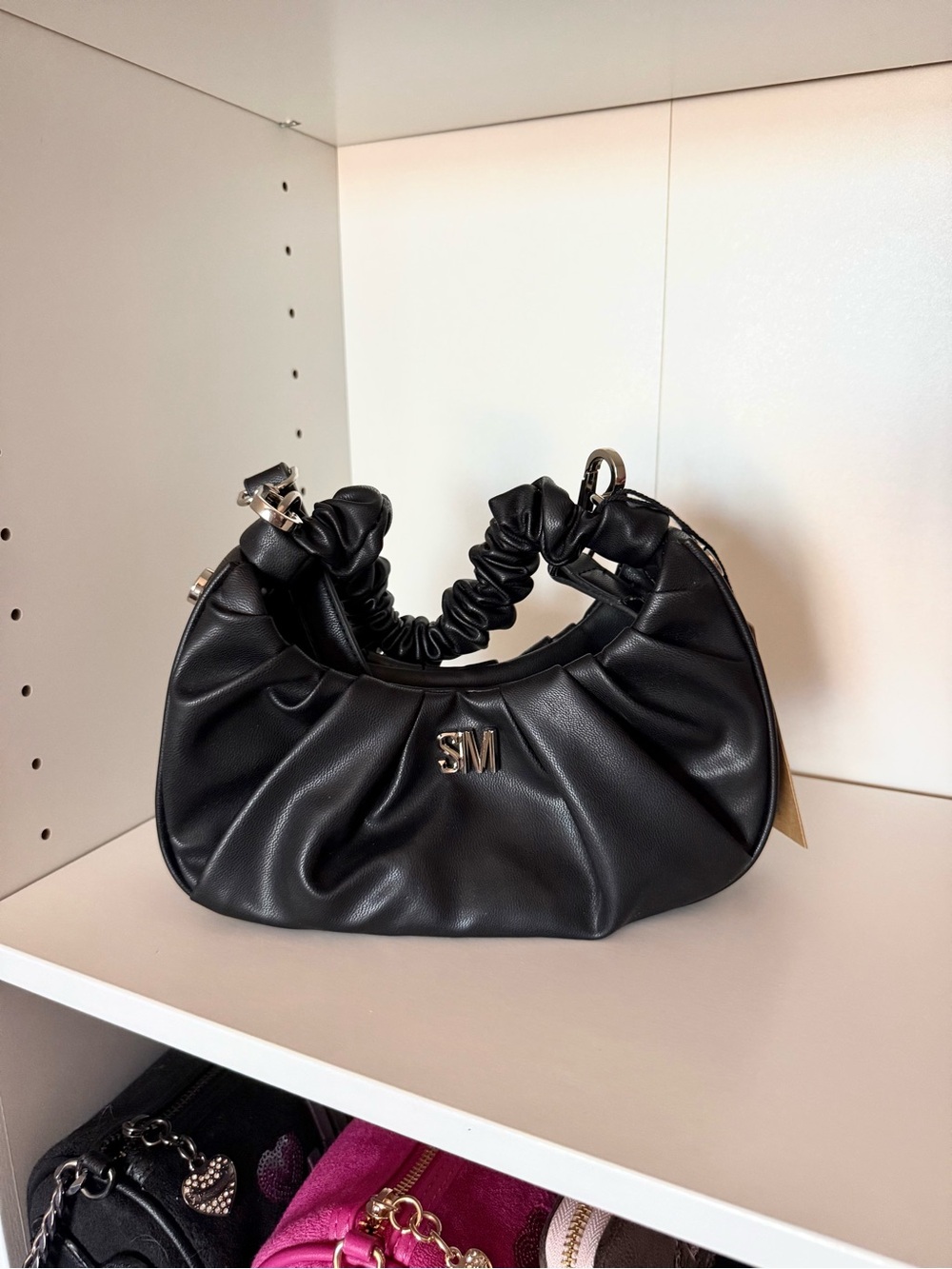 Steve Madden Black Ruched Crossbody Bag with SM Logo